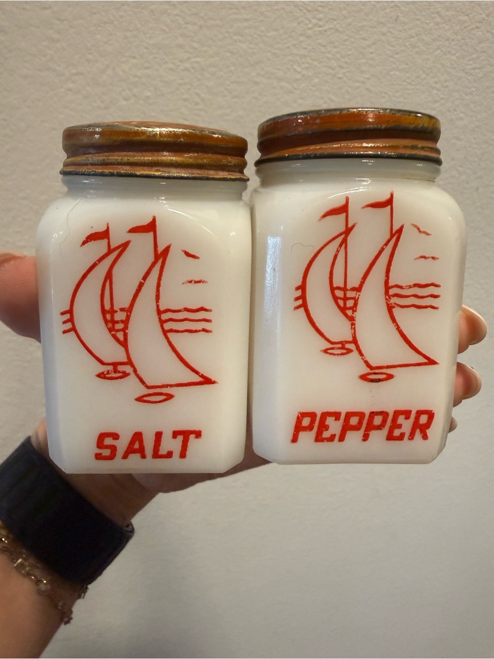 Vintage Milk Glass Sailboat Salt Pepper Shakers Nautical MCM